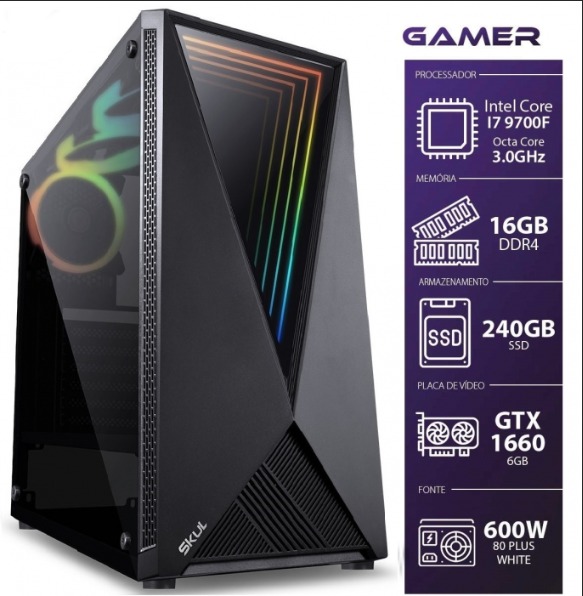 COMPUTADOR GAMER - I7 9700F 3.0GHZ 9ª GER. MEM. 16GB DDR4 (2X 8GB) SSD 240GB GTX 1660 6GB FONTE 600W COMPUTADOR GAMER - I7 9700F 3.0GHZ 9ª GER. MEM. 16GB DDR4 (2X 8GB) SSD 240GB GTX 1660 6GB FONTE 600W
